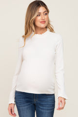 Cream Ribbed Ruffle Neck Long Sleeve Maternity Top