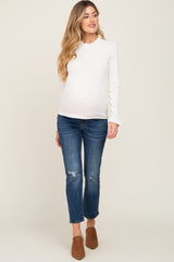 Cream Ribbed Ruffle Neck Long Sleeve Maternity Top