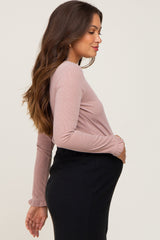 Mauve Ribbed Ruffle Neck Long Sleeve Maternity Top