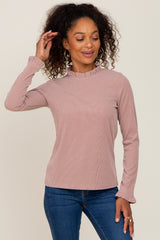 Mauve Ribbed Ruffle Neck Long Sleeve Top