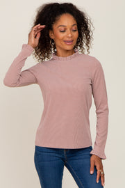 Mauve Ribbed Ruffle Neck Long Sleeve Top