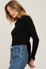 Black Ribbed Ruffle Neck Long Sleeve Top