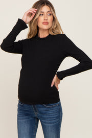 Black Ribbed Ruffle Neck Long Sleeve Maternity Top