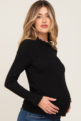 Black Ribbed Ruffle Neck Long Sleeve Maternity Top