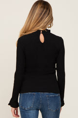 Black Ribbed Ruffle Neck Long Sleeve Maternity Top