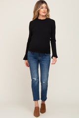 Black Ribbed Ruffle Neck Long Sleeve Maternity Top