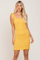 Yellow Floral Smocked Square Neck Tied Strap Dress