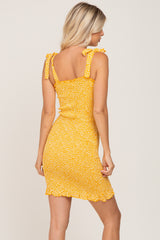 Yellow Floral Smocked Square Neck Tied Strap Dress