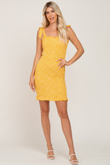 Yellow Floral Smocked Square Neck Tied Strap Dress