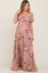 Mauve Floral Chiffon Smocked Maternity Maxi Dress