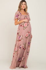 Mauve Floral Chiffon Smocked Maternity Maxi Dress