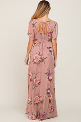 Mauve Floral Chiffon Smocked Maternity Maxi Dress