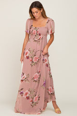 Mauve Floral Chiffon Smocked Maxi Dress