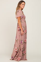 Mauve Floral Chiffon Smocked Maxi Dress