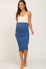 Blue Ruched Wrap Front Maternity Midi Skirt