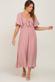 Mauve Front Tie Ruffle Sleeve Midi Dress