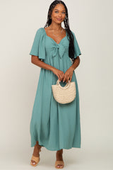 Sage Textured Dot Front Tie Ruffle Sleeve Midi Dress