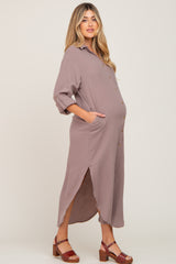 Taupe Button Down 3/4 Sleeve Maternity Midi Dress