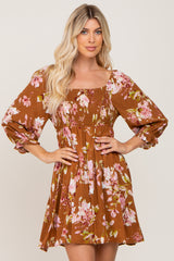 Camel Floral Smocked Dress