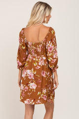 Camel Floral Smocked Dress