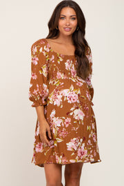 Camel Floral Smocked Maternity Dress