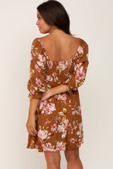 Camel Floral Smocked Maternity Dress