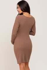 Mocha Ribbed Sweetheart Neck Maternity Dress