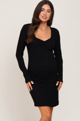 Black Ribbed Sweetheart Neck Maternity Dress