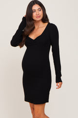 Black Ribbed Sweetheart Neck Maternity Dress