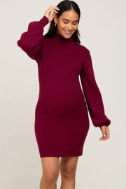 Burgundy Mock Neck Puff Sleeve Maternity Sweater Dress