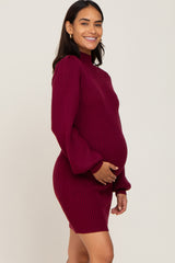 Burgundy Mock Neck Puff Sleeve Maternity Sweater Dress