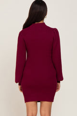 Burgundy Mock Neck Puff Sleeve Maternity Sweater Dress