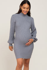 Heather Grey Mock Neck Puff Sleeve Maternity Sweater Dress