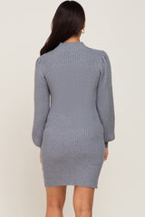 Heather Grey Mock Neck Puff Sleeve Maternity Sweater Dress