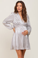 Silver Metallic Long Sleeve V-Neck Maternity Dress