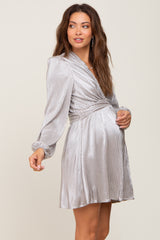 Silver Metallic Long Sleeve V-Neck Maternity Dress