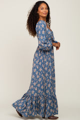 Teal Floral Tie Front Maxi Dress