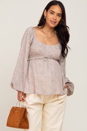 Beige Ditsy Floral Sweetheart Maternity Long Sleeve Top