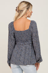 Navy Ditsy Floral Sweetheart Long Sleeve Top