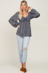 Navy Ditsy Floral Sweetheart Long Sleeve Top