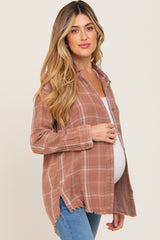 Rust Plaid Button Front Raw Hem Maternity Top