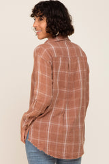 Rust Plaid Button Front Raw Hem Top