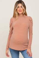 Taupe Ruffled Mock Neck Long Sleeve Maternity Top