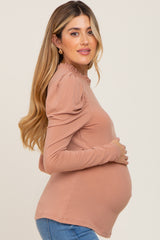 Taupe Ruffled Mock Neck Long Sleeve Maternity Top