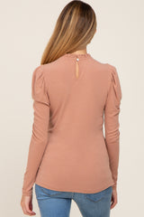 Taupe Ruffled Mock Neck Long Sleeve Maternity Top