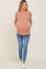 Taupe Ruffled Mock Neck Long Sleeve Maternity Top