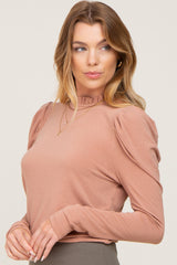 Taupe Ruffled Mock Neck Long Sleeve Top