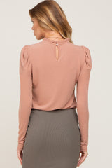 Taupe Ruffled Mock Neck Long Sleeve Top