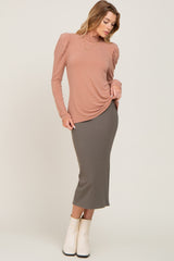 Taupe Ruffled Mock Neck Long Sleeve Top