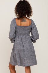 Grey Ditsy Print Smocked 3/4 Sleeve Dress